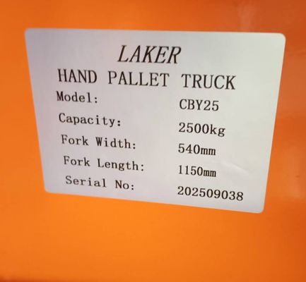 Euro Pallet con carga estable de 2,5 toneladas Camión de paletas de mano 550 mm de ancho 1150 mm de longitud de tenedor Ruedas de doble nylon